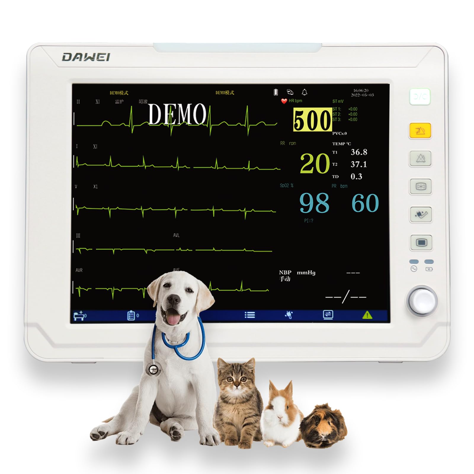 12.1-inch Display PET Vet Patient Monitor Multi 6 Parameter ICU Machine Veterinary ECG, SPO2, HR, NIBP, RESP, Temp for Cat, Dog, Mouse, Animals use