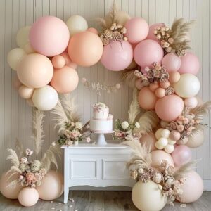 Pink White Balloon Garland Double Stuffed Baby Pink Blush Balloons Pastel Pink Cream Beige Balloons Light Pink Ivory Balloon Arch Kit for Boho Birthday Baby Shower Wedding Bridal Party Decor