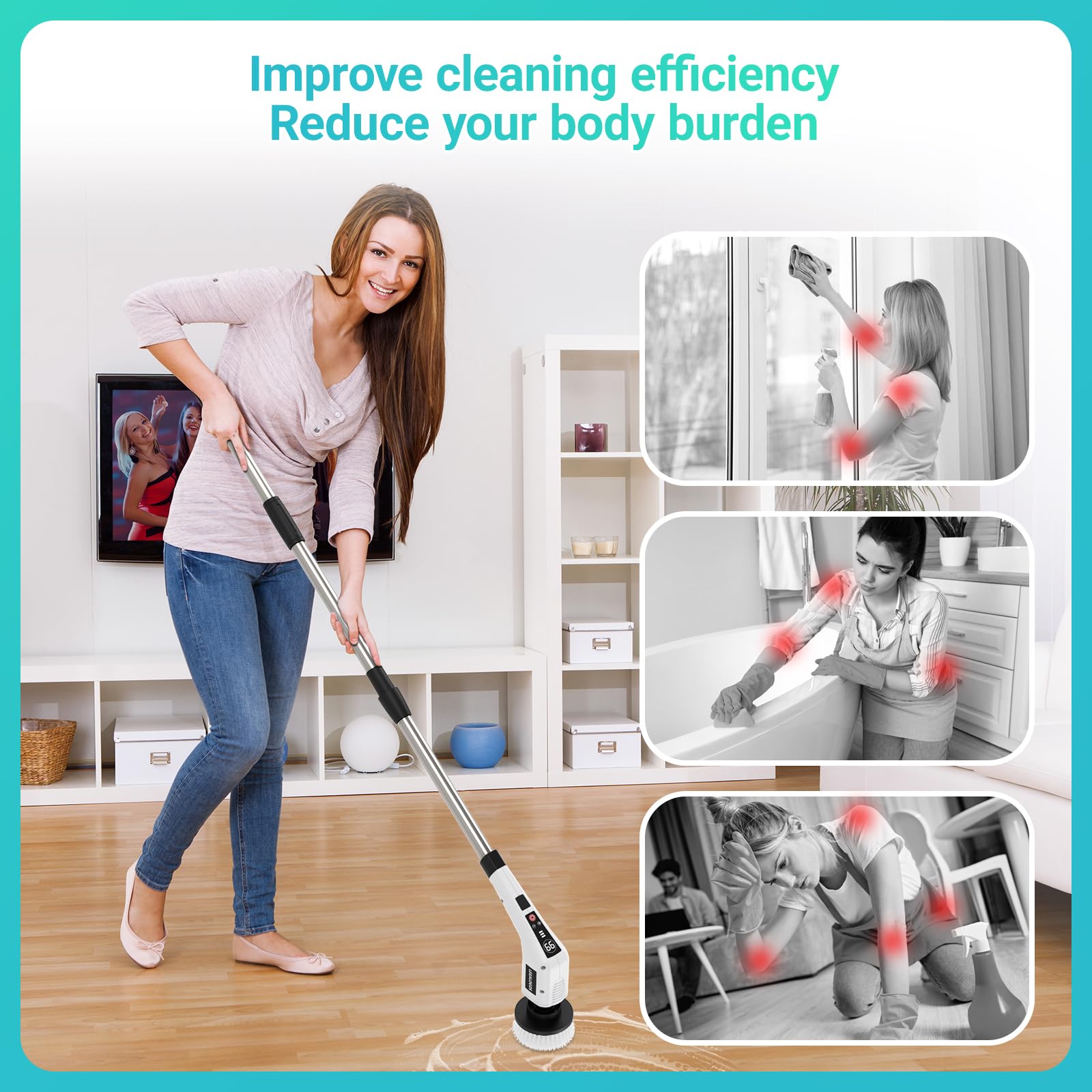 Electric Spin Scrubber, Shower Scrubber with Long Handle, 5000Mah Bathroom Scrubber-2024 New LED Battery Screen, 8 in 1 Replaceable Brush Heads, 420RPM/Mins-3 Adjustable Speeds for Bathroom Floor Tile