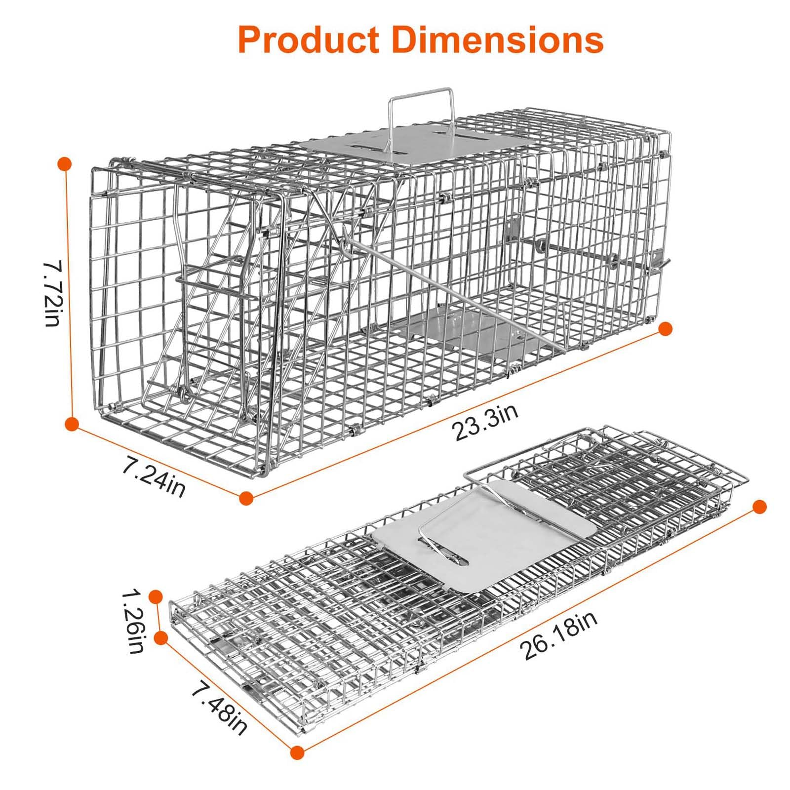 Humane Live Animal Cage Trap, 23.3x7.2x7.7 Inches Humane Cat Trap for Stray Cats,Rabbits,Squirrels Outdoor Small Animal Trap, Humane Catch & Release