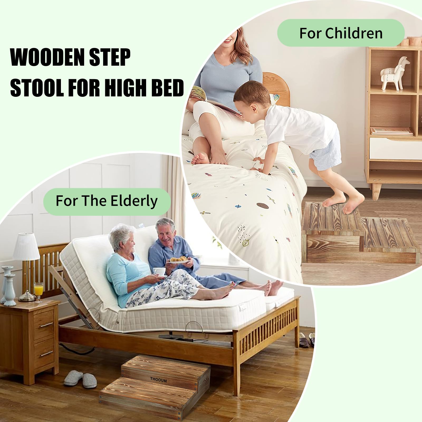 Wooden 2 Step Stool for High Beds, Moderate & Applicable 2-Step Stools for Seniors, Solid Wood steppingStool, Built-in Handle for Easy Carrying, 20.0" W