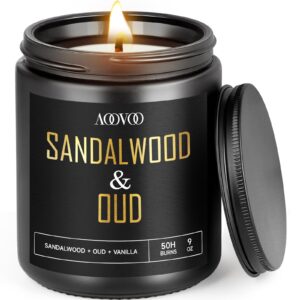 aoovoo scented candles for men - sandalwood & oud candles for home scented, masculine black candle gift for women & men, gifts for birthday, christmas, 9 oz natural soy wax