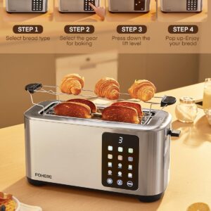 4 Slice Toaster Touch Screen Control, Long Extra Wide Slots Smart Bread Toaster, 6 Bread Types & 6 Shade Settings, Stainless Steel Toaster, with Removable Tray, Cancel/Defrost/Reheat Function, Sliver