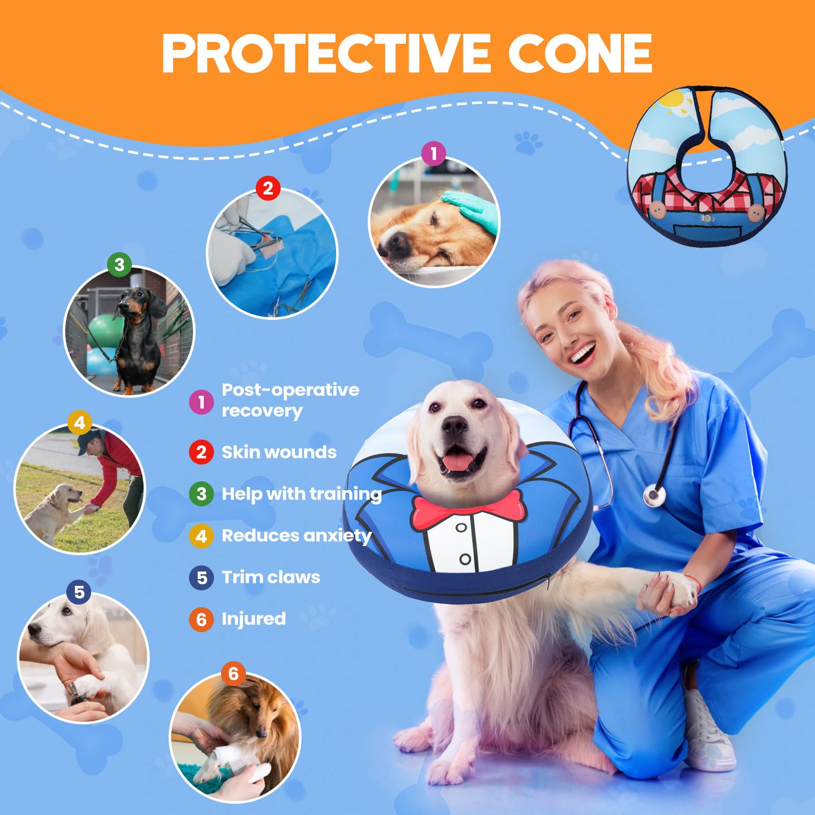 Dog Cone Collar, Adjustable Soft Dog Cone,Comfy Inflatable Dog Collars for After Surgery,Alternative to Cone of Shame,Dual-Sided Pattern Donut Collar for Small Medium Large Dogs,Not Block Vision（L）