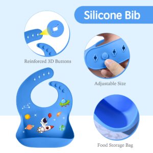 7 Pieces Silicone Baby Feeding Set, Food-Grade Astronaut Theme, Suction Plate and Bowl for Baby, Spoon, Fork, Bib, Cup, Straws, Baby Feeding Essentials for 6+ Months (Blue)