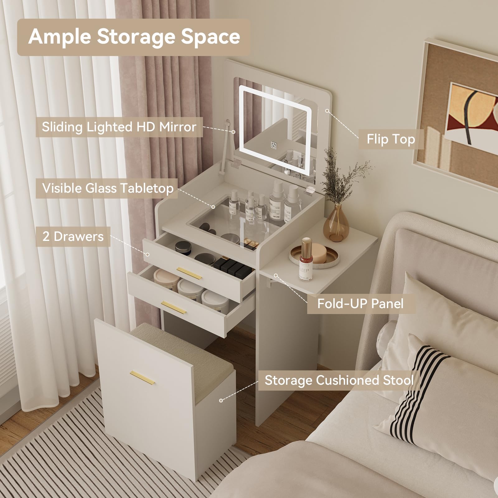 ARTETHYS Small Vanity Desk Set with Flip-top Mirror and Lights White Integrated Makeup Table for Small Space Compact Mini Dressing Table with Fold-up Panel and Storage Chair for Bedroom