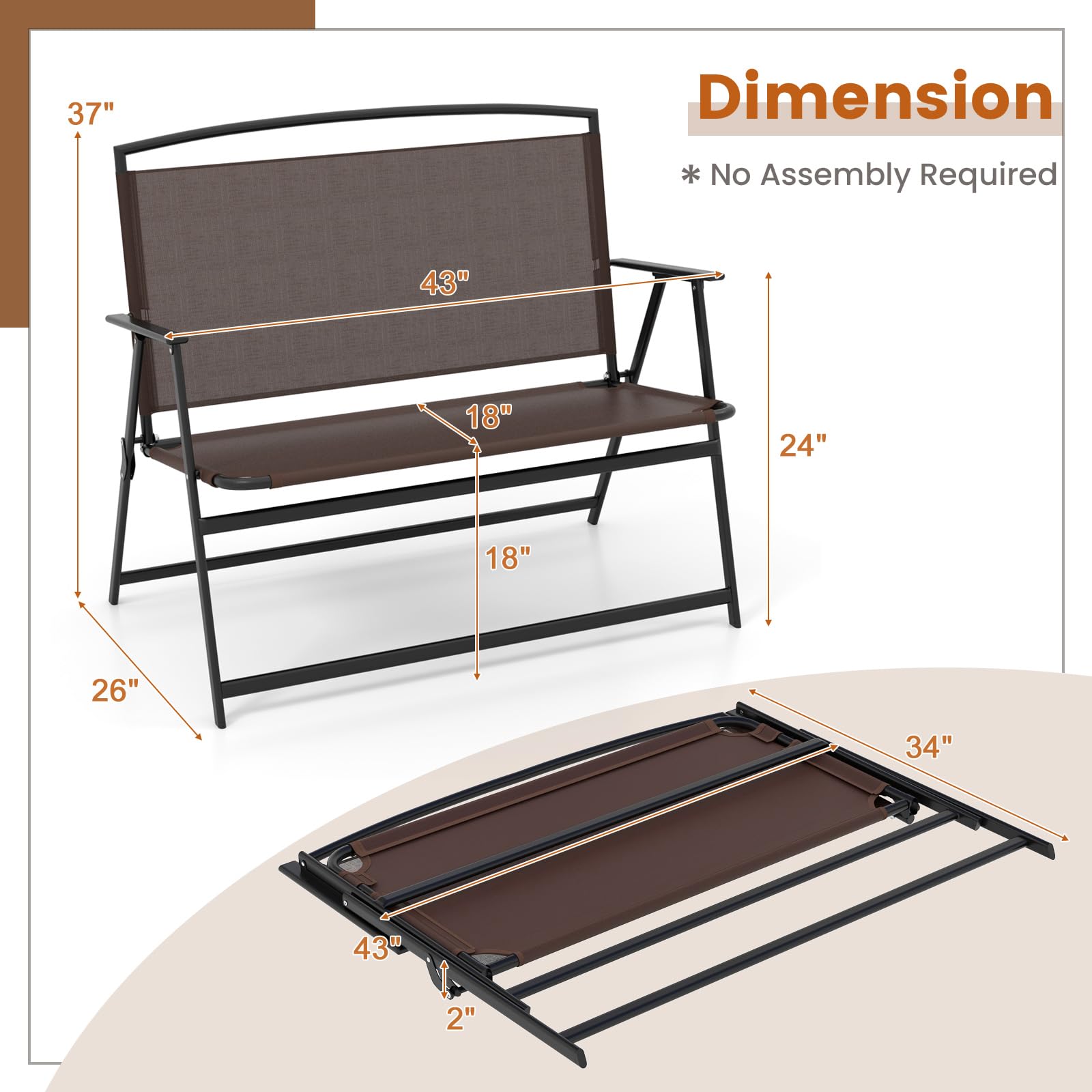 Giantex Outdoor Bench, Folding Garden Bench for 2 Persons, Patio Loveseat with Metal Armrests, 43" Lx26 Wx37 H, 400 LBS Weight Capacity, Outside Patio Chairs for Porch Lawn Yard