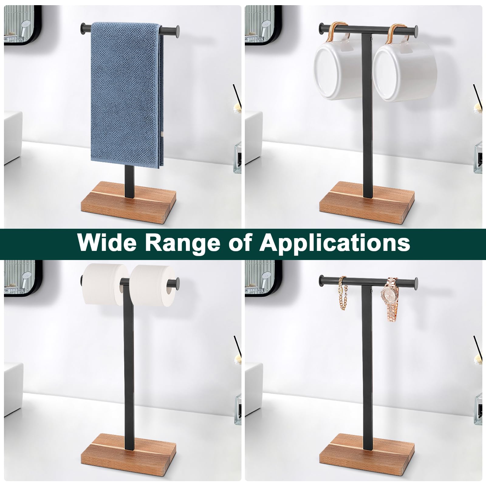 BathAce Hand Towel Holder, T-Shape Hand Towel Stand for Bathroom, Stand Hand Towel Rack Free-Standing Towel Bar for Bathroom Kitchen Countertop, Metal (14IN-Wooden Base, Black)