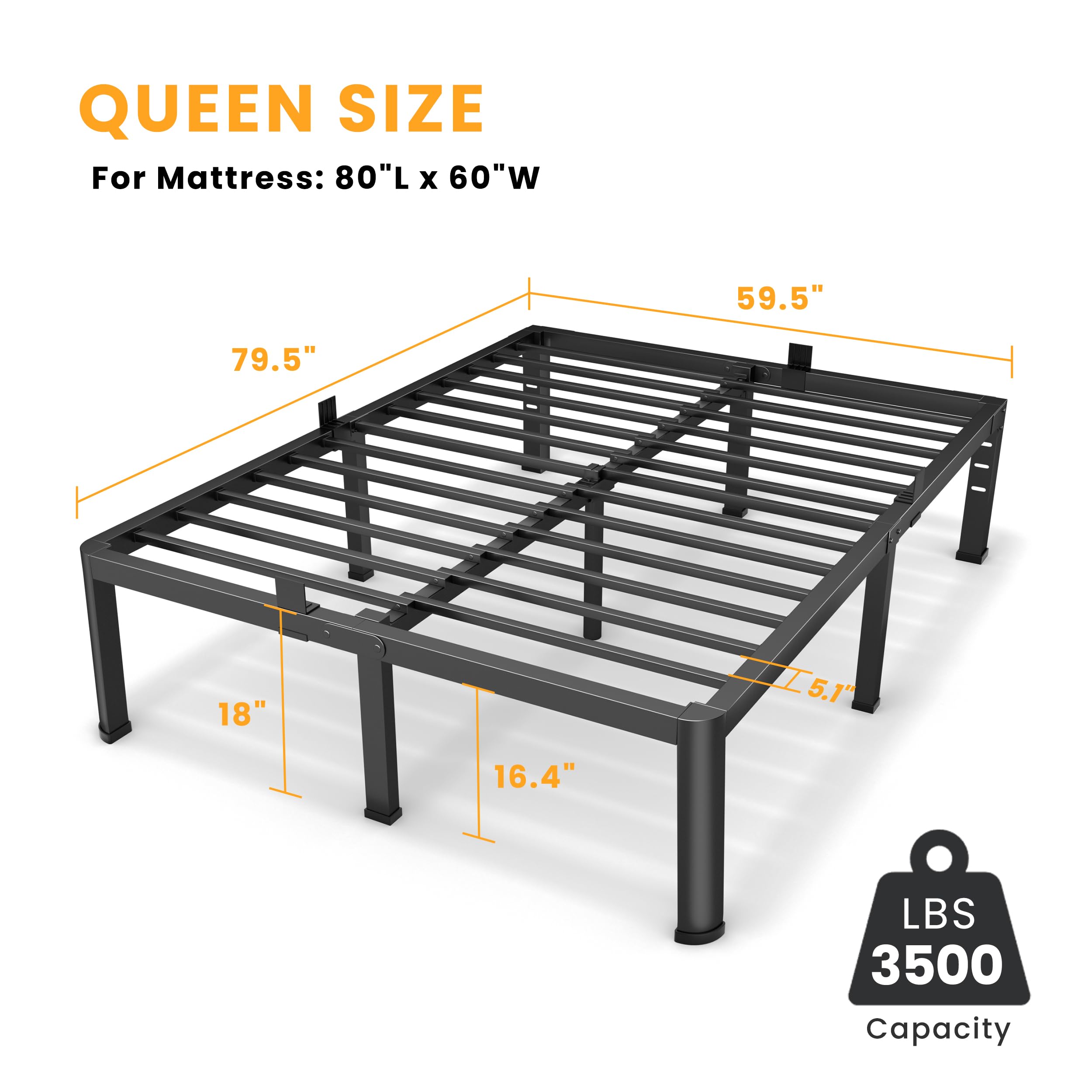 Superay 18 Inch Queen Size Metal Platform Bed Frame with Round Corners, Storage Space Under High Bed Frame-Heavy Duty Steel Slats Support, Noise Free - Easy Assembly - No Box Spring Needed