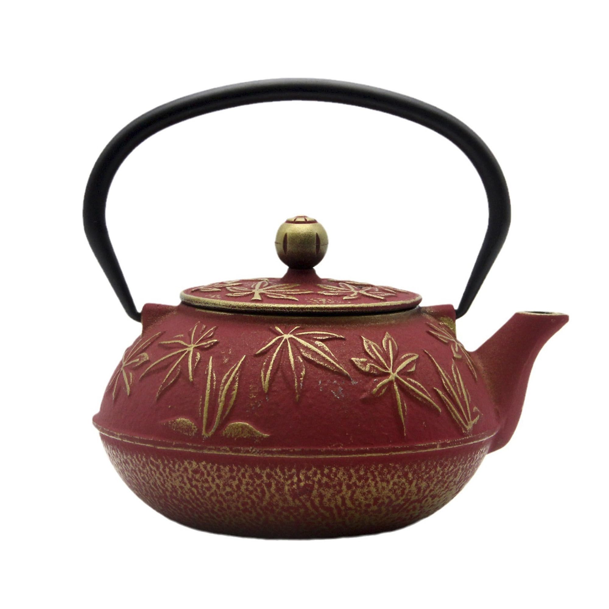 SECHUDO Cast Iron Teapot Tea Kettle with Stainless Steel Infuser for Stovetop Safe Coated with Enameled Interior Japanese Red Tetsubin with Maple Leaves Pattern(30.4oz/900ml)