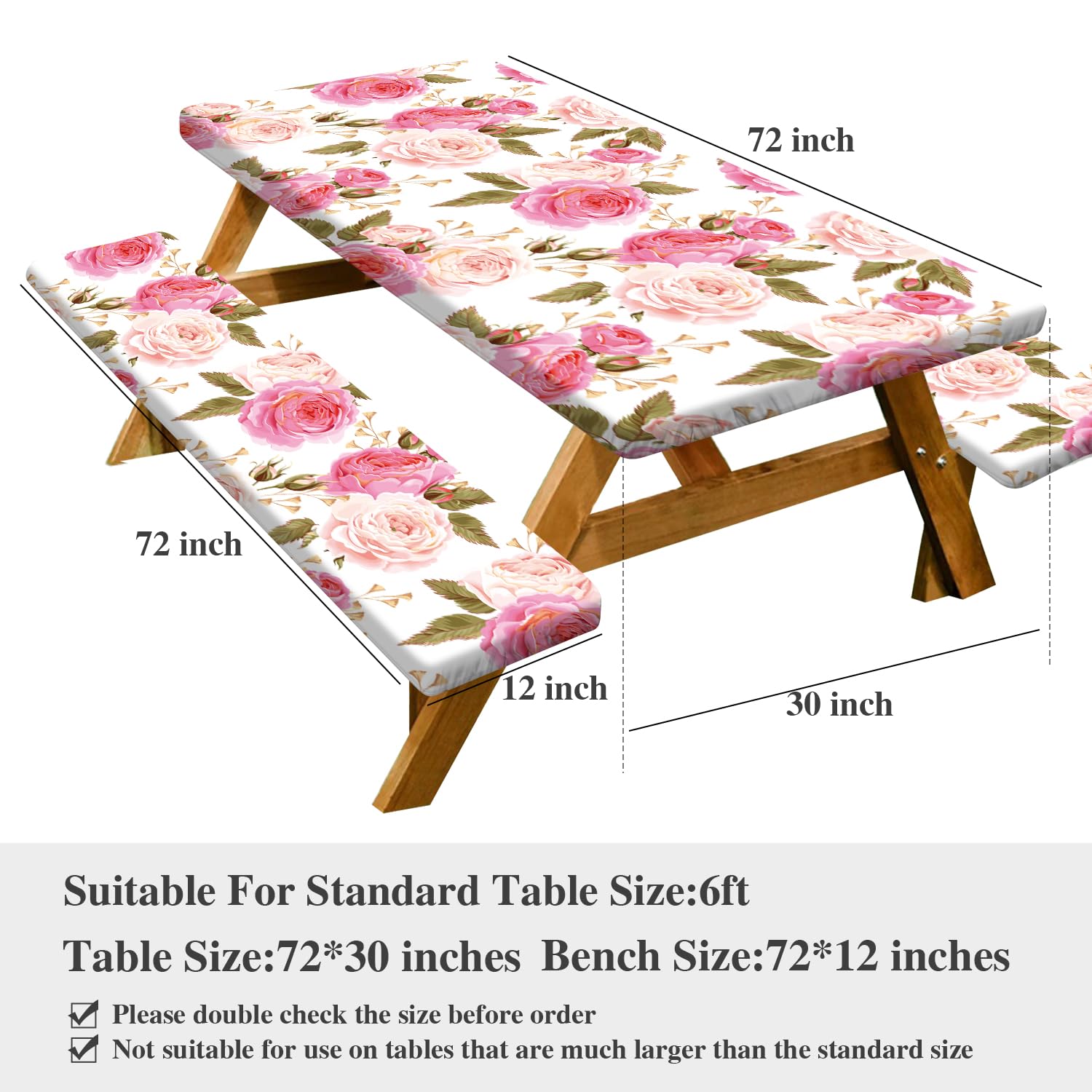 LALILO Pink Picnic Table Cover with Bench Covers, Rose Flower Waterproof Outdoor Table Cover, Floral Romantic Fitted Tablecloths for 6 Foot Rectangle Tables, 72In