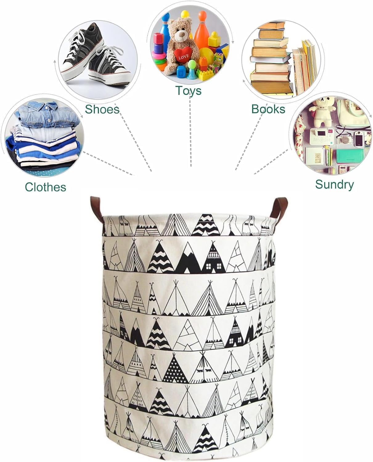 Nictemaw Laundry Hamper, Foldable Laundry Basket with Waterproof PE Coating, Canvas Fabric Round Large Storage Baskets with Leather Handles for Blankets, Clothes, Pillows, Shoes