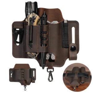 multitool sheath for belt, leather edc pocket organizer with 3 hooks, flashlight holster, pen & keys holder, knife sheath for daily & outdoor use, edc tool pouch for men, brown