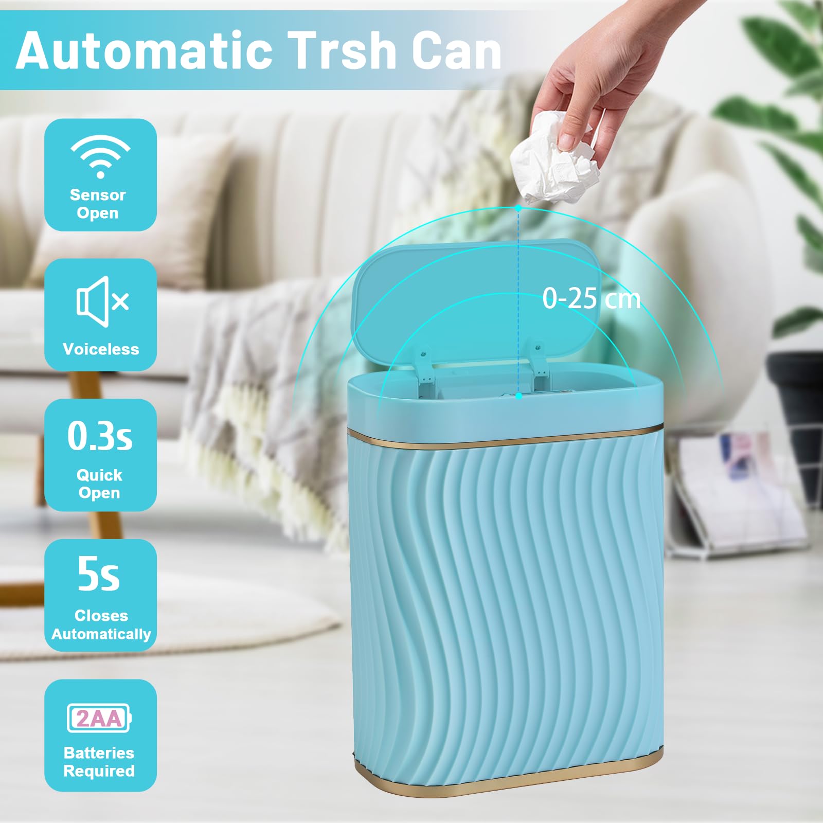 steo spce Bathroom Small Trash Can with Automatic Touchless Lid, 2.6 Gallon Smart Garbage Can Narrow Waterproof Trash Bin for Bedroom, Office, Living Room-Blue