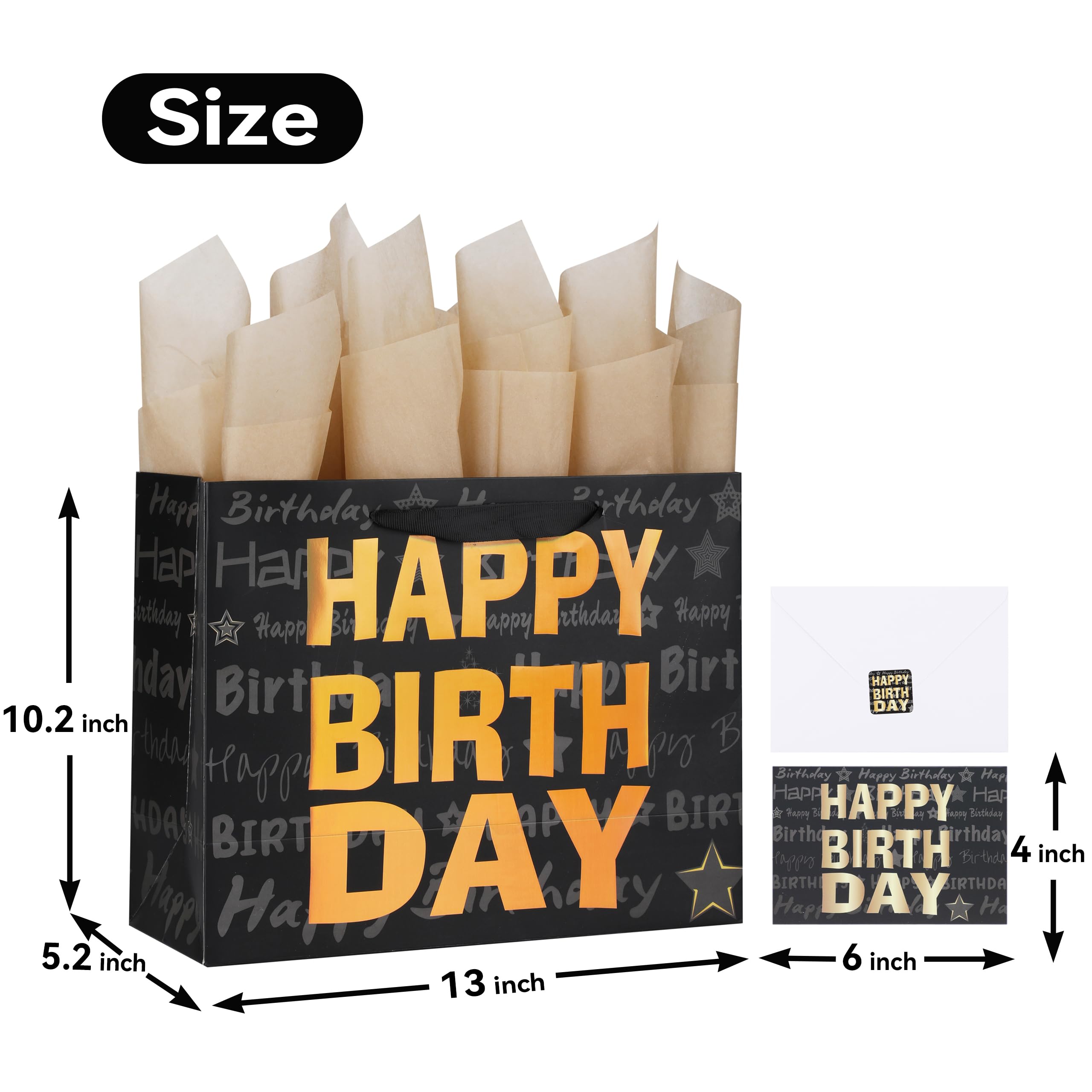 13" Large Black Gift Bag Set with Greeting Card and Tissue Paper(Gold Foil ‘Happy Birthday’) for Men's or Women's Birthday Party, Boys’, Girls’ or Kids' Birthday Parties, Baby Shower - 13”x5.2”x10.2”, 1 Pcs.