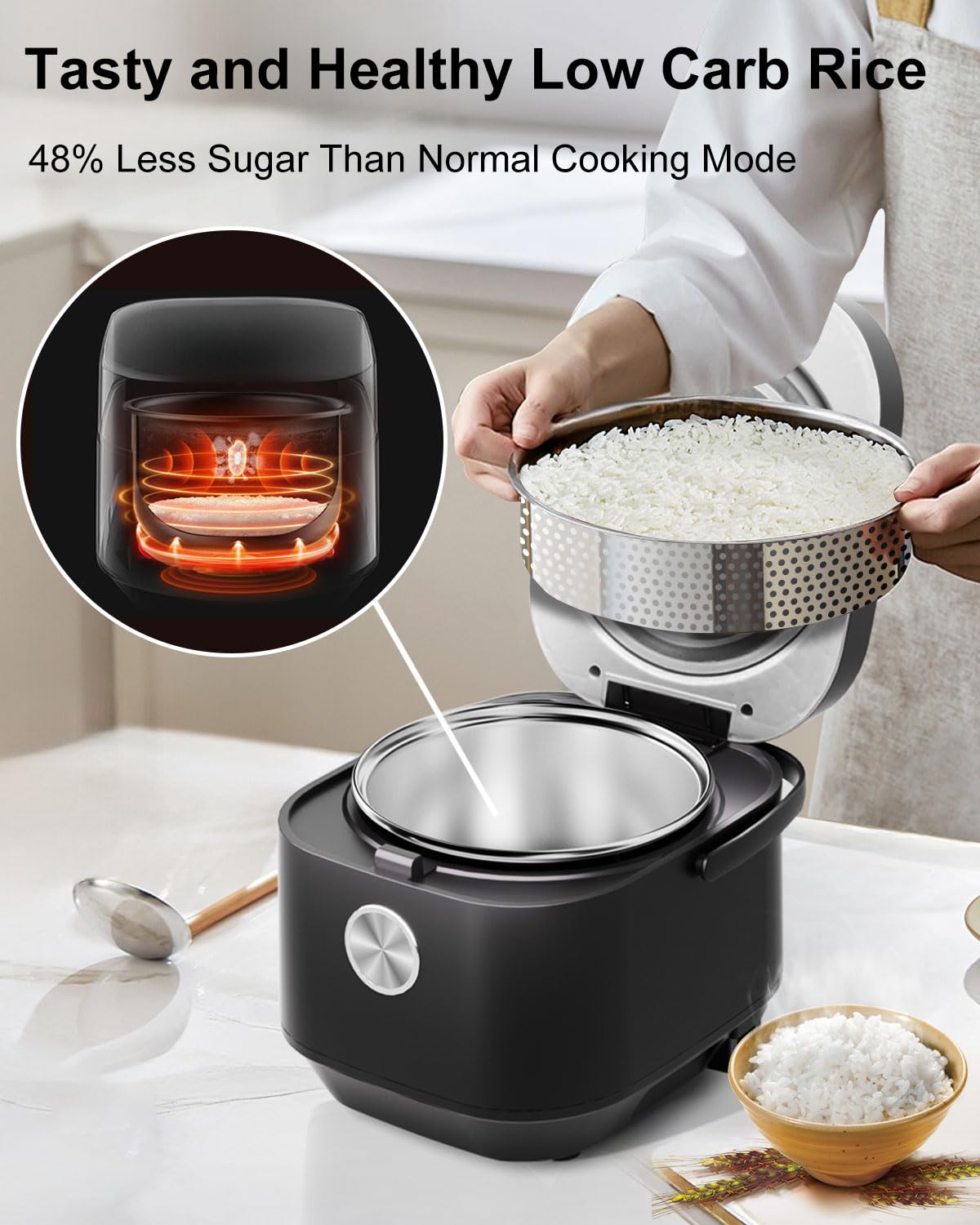 YOKEKON Rice Cooker 10 Cup, Stainless Steel Inner Pot, Low Carb Large Rice Maker with Steamer Basket Steamer, 24H Delay Timer and Auto Keep Warm,Brown Rice/Risotto/Oatmeal/Soup/Steam/Slow Cook, Black