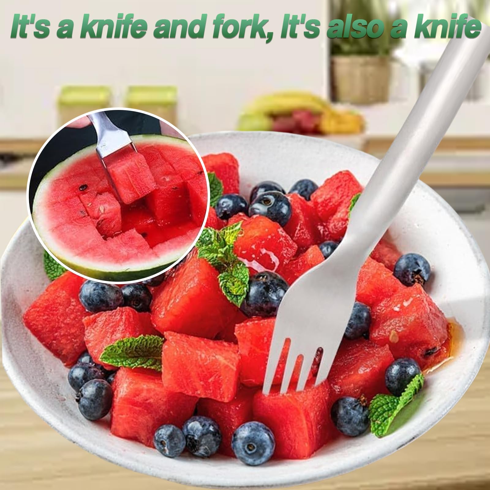 2-in-1 Stainless Steel Fruit Cutter,Watermelon Fork Slicer Cutter Slicer Tool, Dual Head Fruit Forks Slicer Watermelon Cutter Tool, for Home Kitchen Camping Gadget (2PCS)