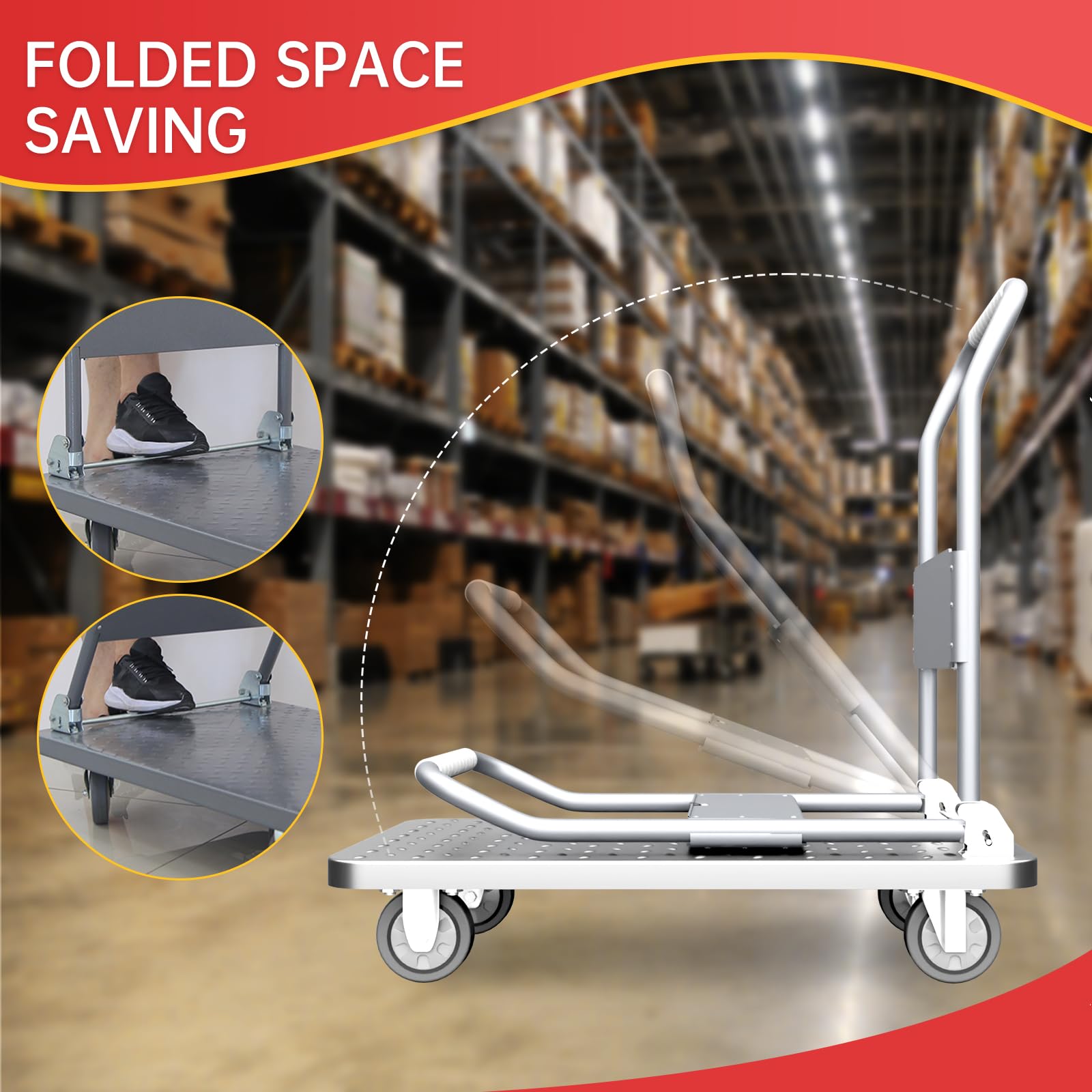 Platform Trucks Portable 2200Lbs Steel Push Dolly Platform Trucks with Mute Wheels, 35.6" x 23.6"x37.4" in Large Flatbed Heavy Duty Industrial Push Cart for Easy Storage Luggage Moving