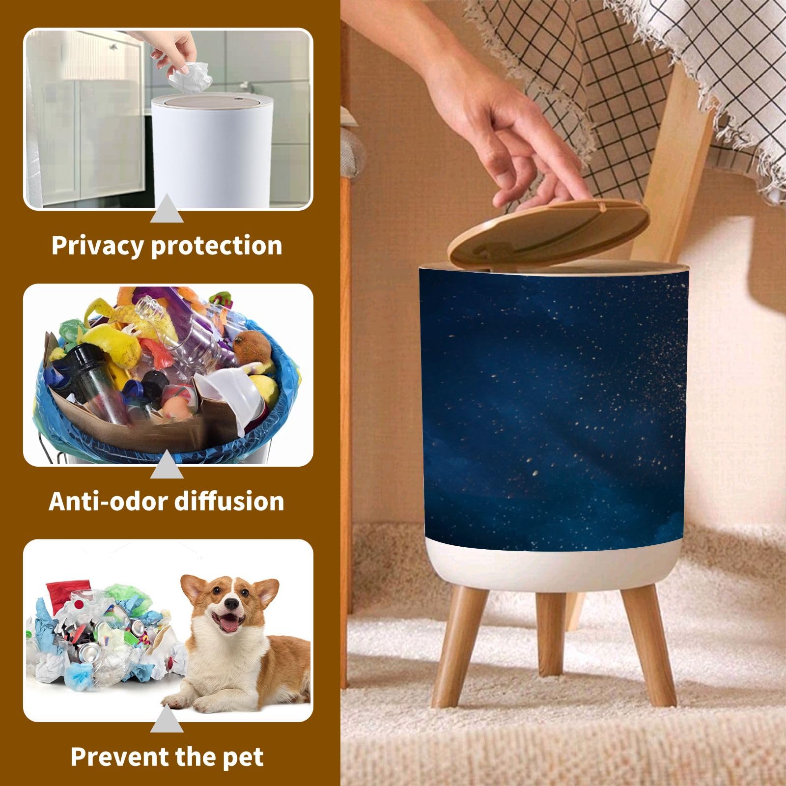 PHAIBHKERP Trash Can with Lid Night Sky Stars Garbage Can Round Waste Bin Press Cover Dog Proof Wastebasket for Kitchen Bathroom Living Room Nursery 1.8gal, ljt