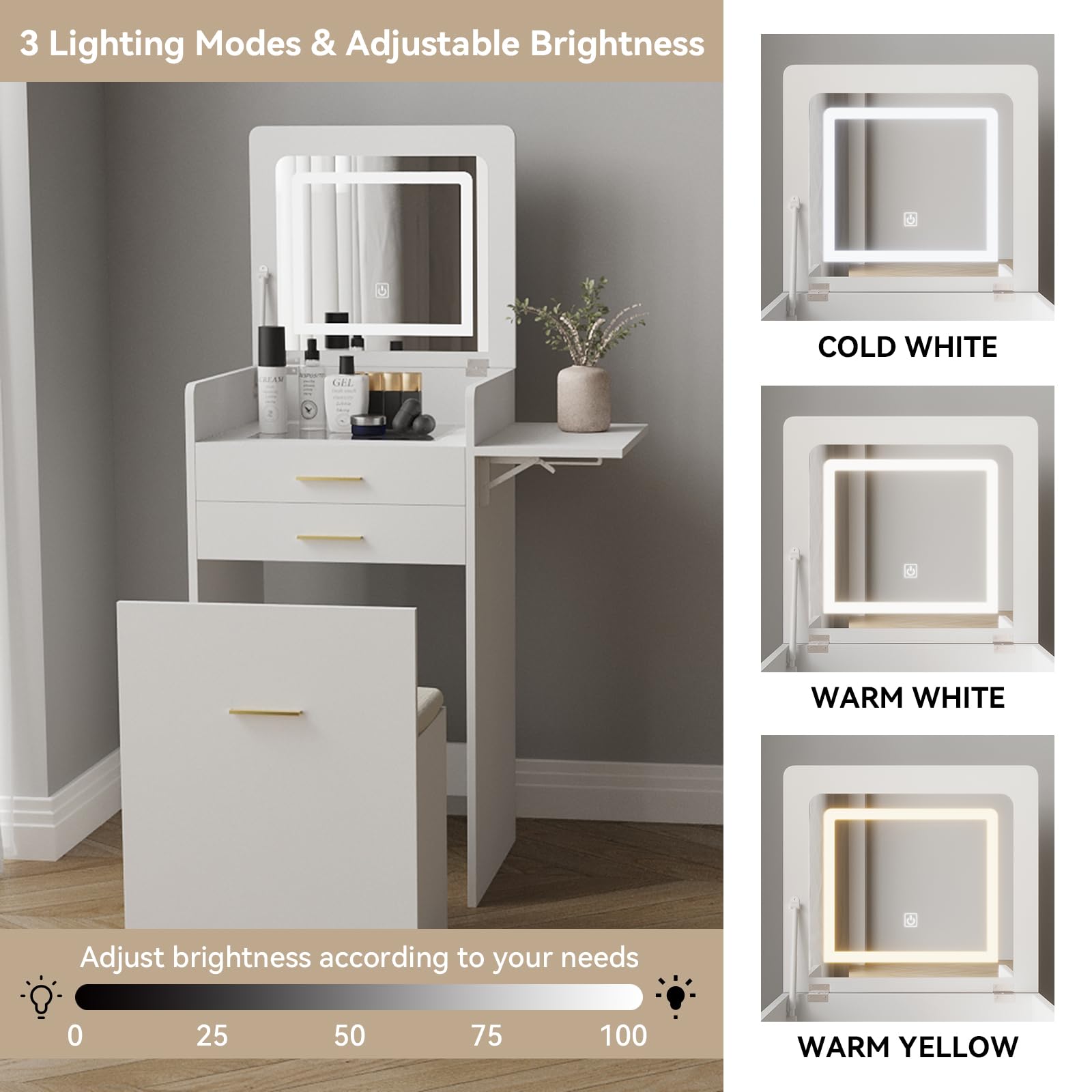 ARTETHYS Small Vanity Desk Set with Flip-top Mirror and Lights White Integrated Makeup Table for Small Space Compact Mini Dressing Table with Fold-up Panel and Storage Chair for Bedroom