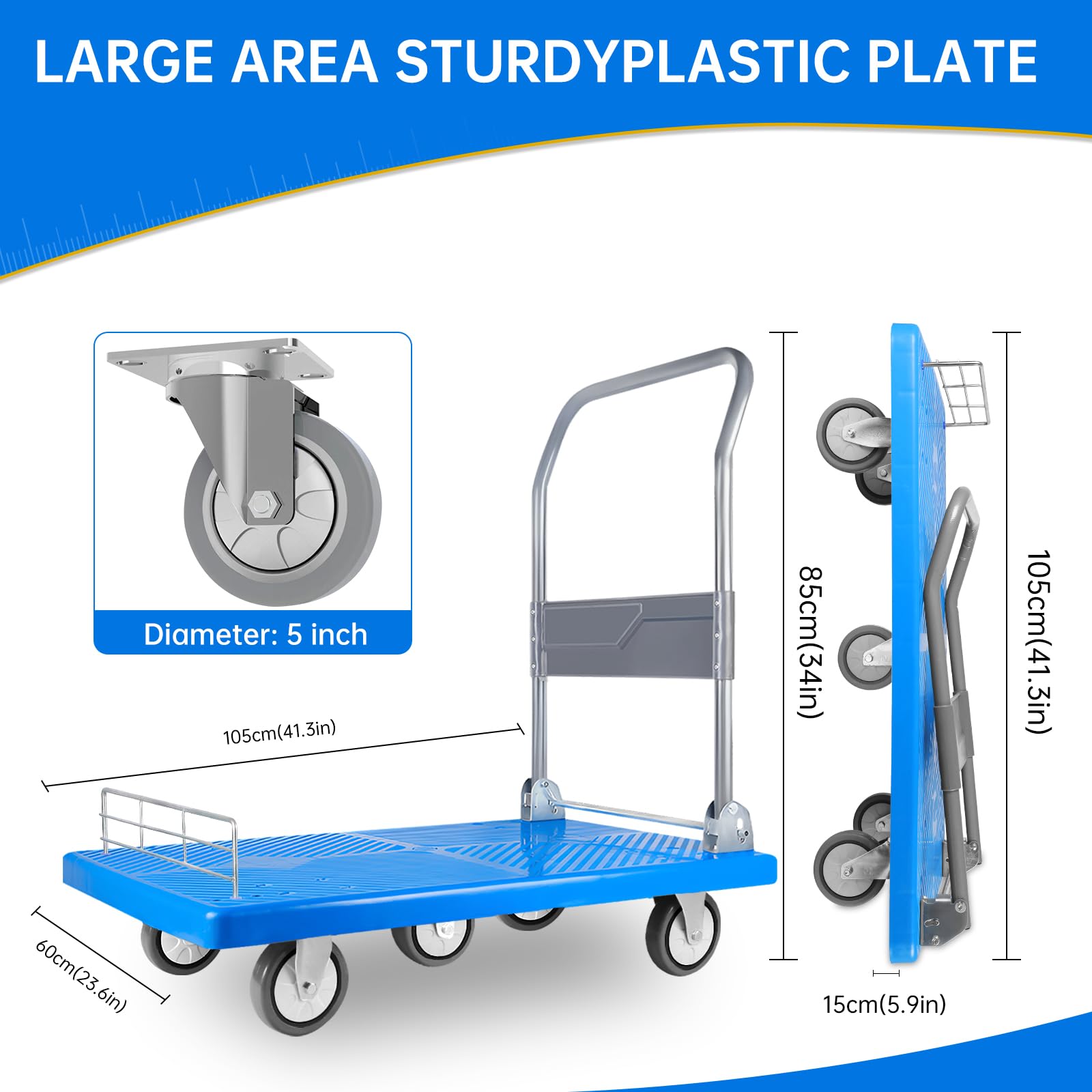 Platform Truck Dolly Cart Folding Platform Cart with 1320 lbs Weight Capacity and 360 Degree Swivel Wheels, 41" L x 24" W Foldable Push Hand Cart for Loading and Storage, 5 Wheels Blue