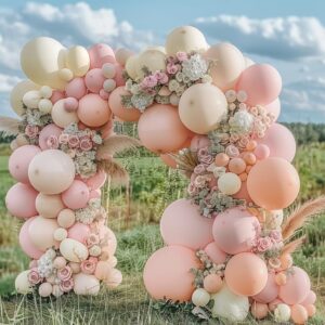 Pink White Balloon Garland Double Stuffed Baby Pink Blush Balloons Pastel Pink Cream Beige Balloons Light Pink Ivory Balloon Arch Kit for Boho Birthday Baby Shower Wedding Bridal Party Decor