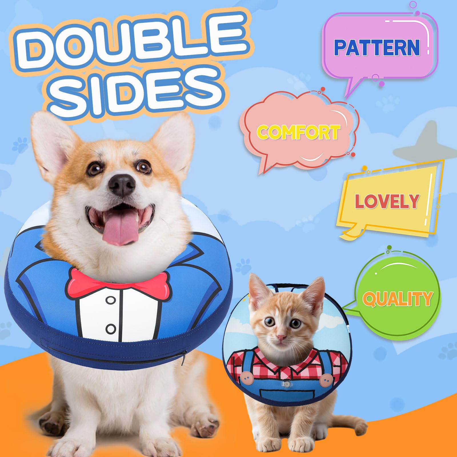 Dog Cone Collar, Adjustable Soft Dog Cone,Comfy Inflatable Dog Collars for After Surgery,Alternative to Cone of Shame,Dual-Sided Pattern Donut Collar for Small Medium Large Dogs,Not Block Vision（L）