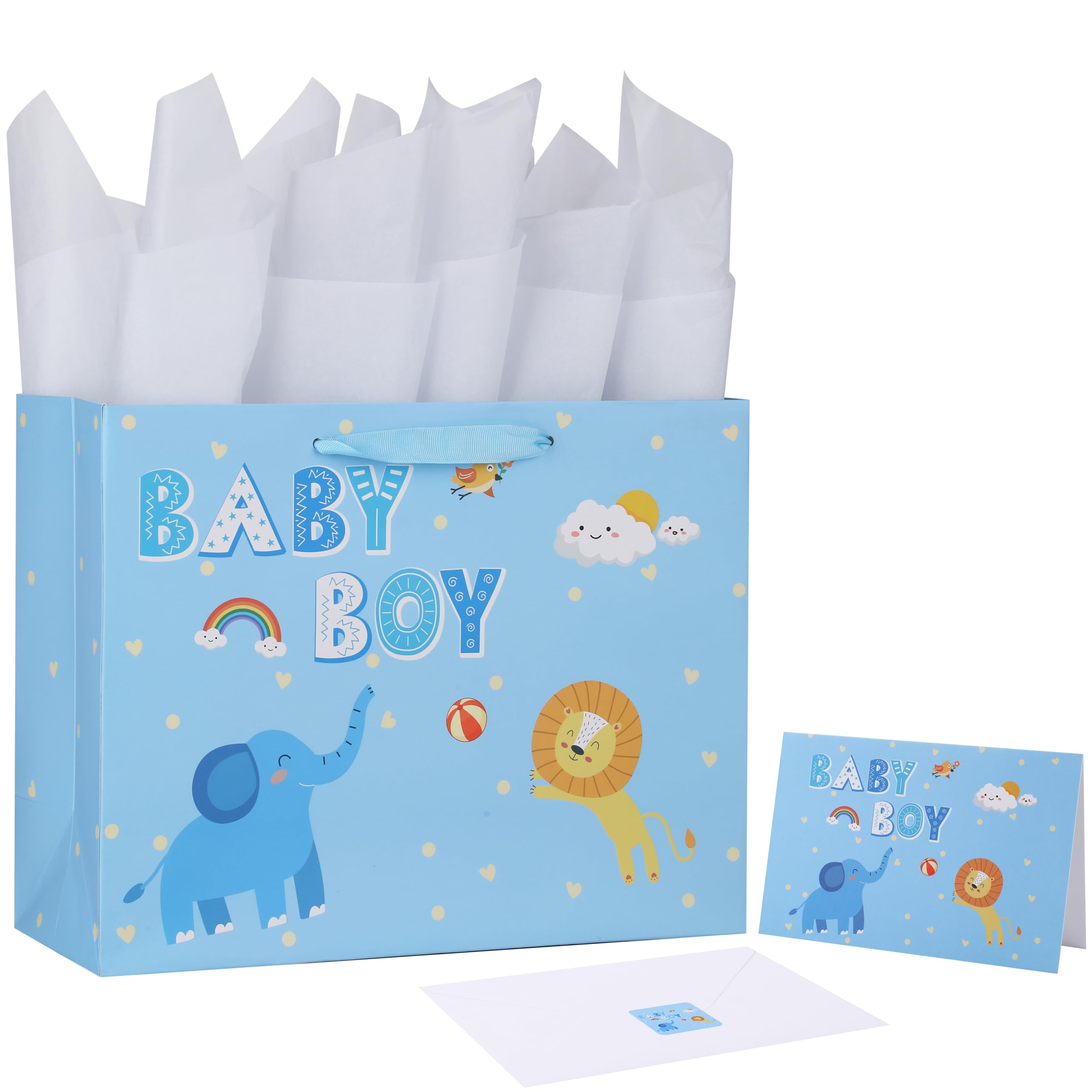 13" Large Blue Gift Bag Set with Greeting Card and Tissue Paper(Elephant and Lion Design) for Baby Boy,Baby Shower,Kids Birthday Party,Newborn,New Moms or Parents - 13” x 5.2” x 10.2”, 1 Pcs.