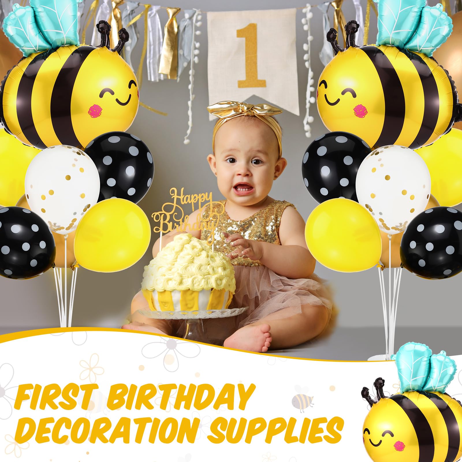 JellyArch 2 Sets Bee Theme Birthday Supplies Table Centerpiece Balloons Stand Kit with Honey Bee Foil Balloons and Latex Balloons for Honeybee Baby Shower Decorations Bee Themed Birthday Supplies