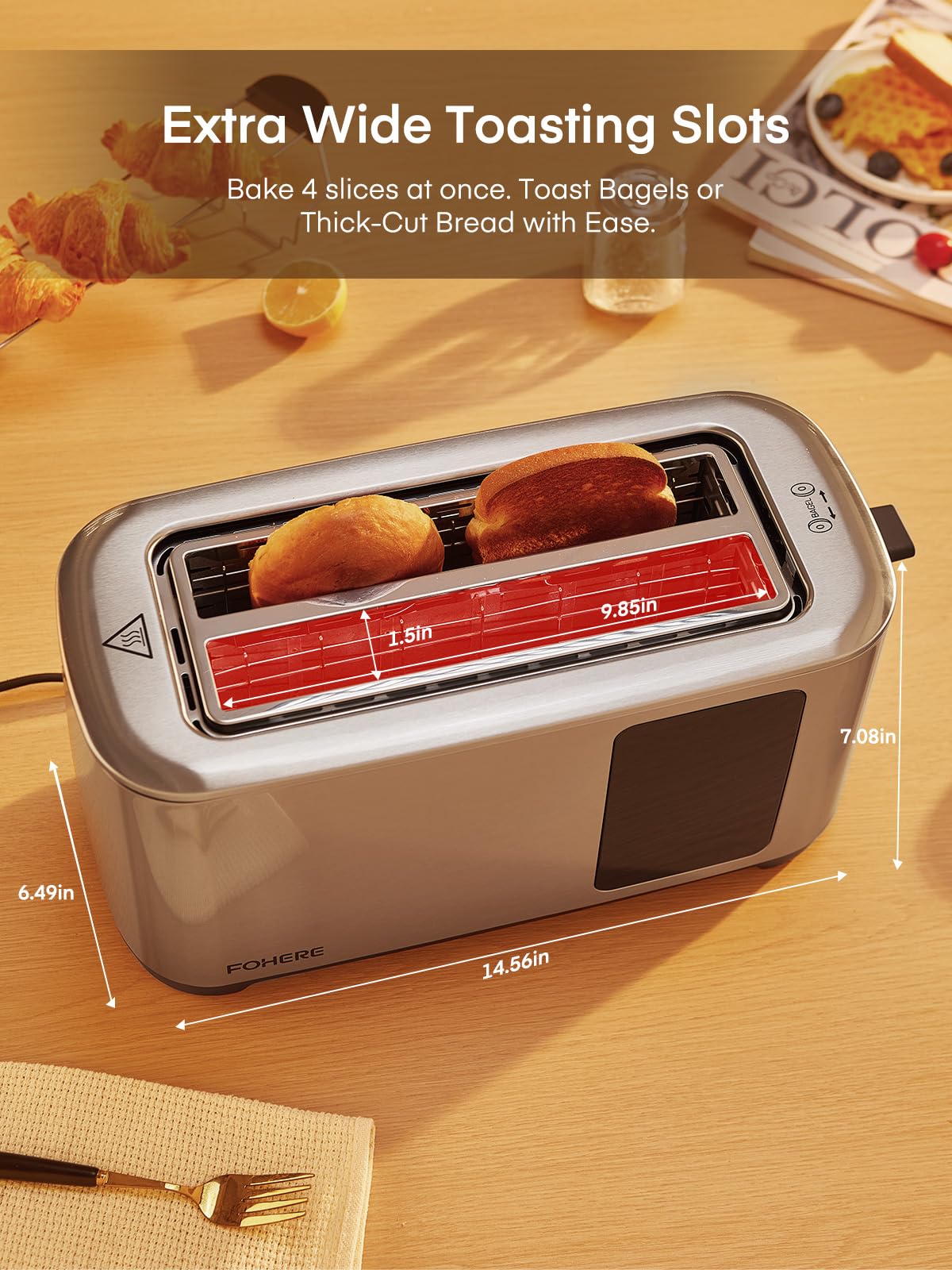 4 Slice Toaster Touch Screen Control, Long Extra Wide Slots Smart Bread Toaster, 6 Bread Types & 6 Shade Settings, Stainless Steel Toaster, with Removable Tray, Cancel/Defrost/Reheat Function, Sliver