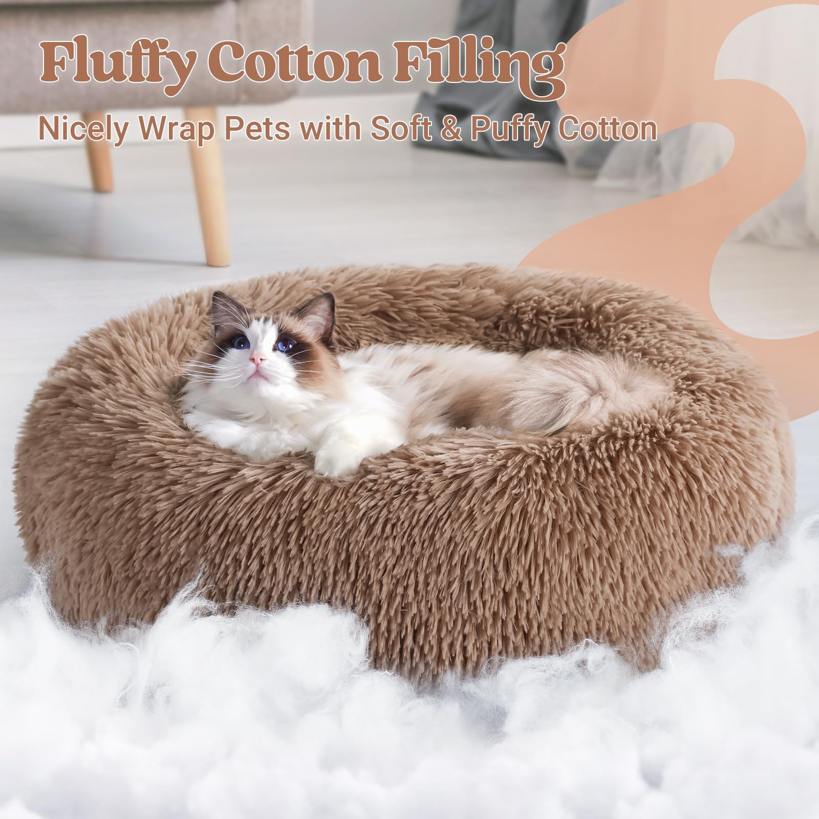 rabbitgoo Cat Beds for Indoor Cats, 20 inches Cat Bed Machine Washable, Fluffy Round Pet Bed Non-Slip, Calming Soft Plush Donut Cuddler Cushion Self Warming for Small Dogs Kittens, Light Brown, Medium