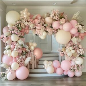 Pink White Balloon Garland Double Stuffed Baby Pink Blush Balloons Pastel Pink Cream Beige Balloons Light Pink Ivory Balloon Arch Kit for Boho Birthday Baby Shower Wedding Bridal Party Decor