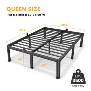 14 Inch Queen Size Platform Bed Frame with Under-Bed Storage Space, Heavy Duty Metal Bed Frame No Box Spring Needed, Sturdy Round Corner Bed Frame Strong Bearing Capacity, Easy Assembly, Noise Free