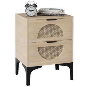 Aenuert Rattan Nightstand with 2 Drawers, Wooden Boho Side Table with Storage, Bedside End Table for Bedroom, Dorm and Small Spaces(Natural)