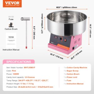 VEVOR Cotton Candy Machine Commercial, 1000W Electric Floss Maker with Stainless Steel Bowl, Sugar Scoop, Storage Drawer, Perfect for Home, Carnival, Kids Birthday, Family Party, Pink