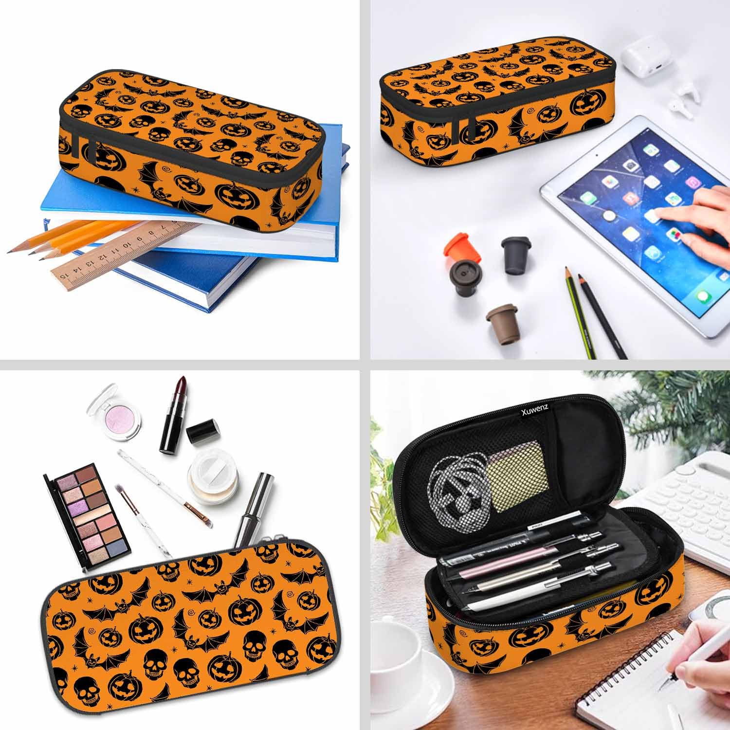 Xuwenz Spider Bat Pencil Case Organizer Orange Halloween Skull Skeleton Pumpkin Festival Pencil Bag Big Capacity for Office School Student College Adult Teen Gift