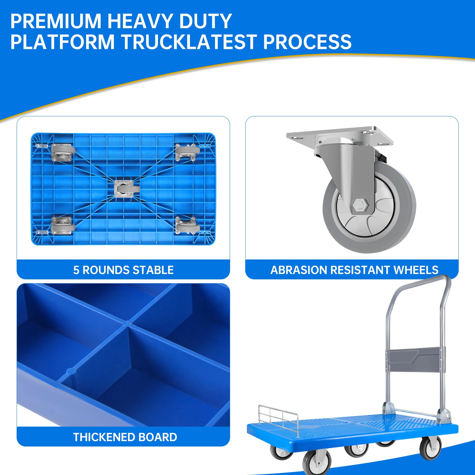 Platform Truck Dolly Cart Folding Platform Cart with 1320 lbs Weight Capacity and 360 Degree Swivel Wheels, 41" L x 24" W Foldable Push Hand Cart for Loading and Storage, 5 Wheels Blue