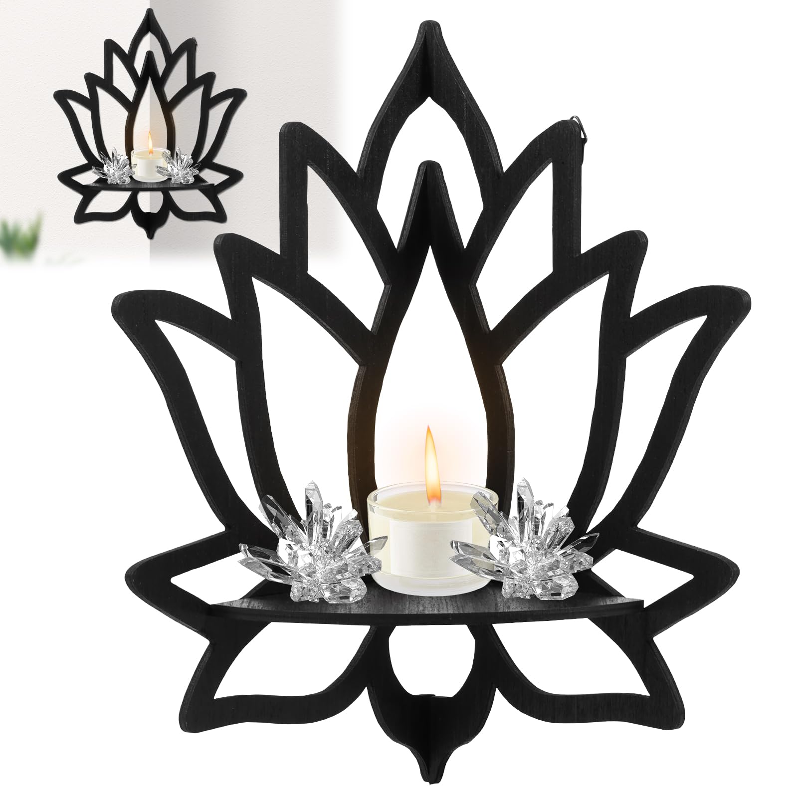 Tcwhniev Water Lily Flower Corner Shelves, Wooden Water Lily Crystal Shelf, Black Wall Crystal Display Shelf Decorative Water Lily Floating Shelf Wall Hanging Shelves for Bedrooms Offices Living Room