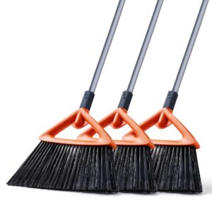 cleanhome 3 pack heavy duty outdoor broom with long handle for patio,lobby,garden,kitchen,deck,yard,sweeping -commercial grade angle broom with stiff bristles and sponge handle