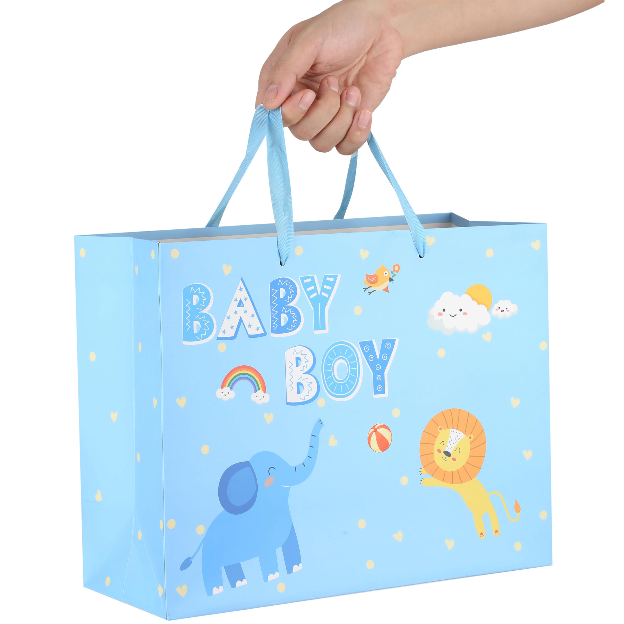 13" Large Blue Gift Bag Set with Greeting Card and Tissue Paper(Elephant and Lion Design) for Baby Boy,Baby Shower,Kids Birthday Party,Newborn,New Moms or Parents - 13” x 5.2” x 10.2”, 1 Pcs.