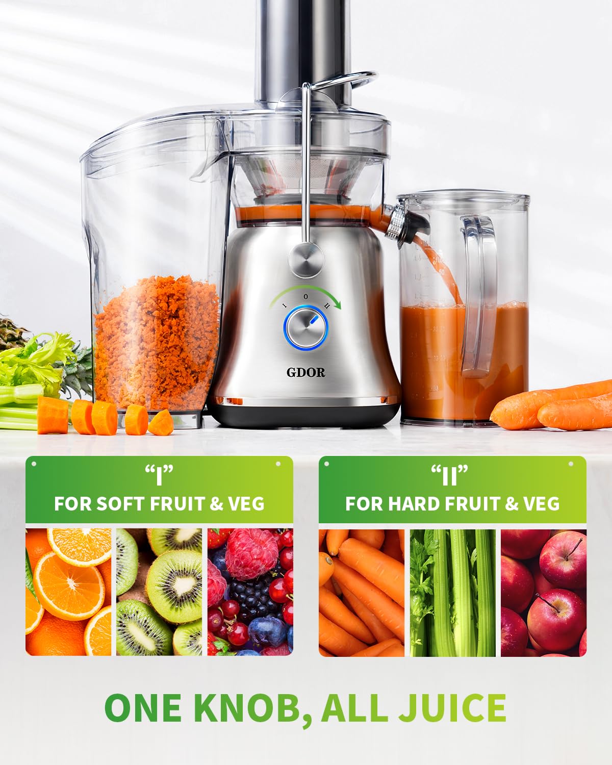 GDOR 1300W Powerful Juicer with Larger 3.4" Feed Chute, Titanium Enhanced Cutting System, Centrifugal Juice Extractor Maker with Heavy Duty Full Copper Motor, Dual Speeds, BPA-Free, Silver