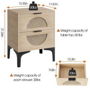 Aenuert Rattan Nightstand with 2 Drawers, Wooden Boho Side Table with Storage, Bedside End Table for Bedroom, Dorm and Small Spaces(Natural)