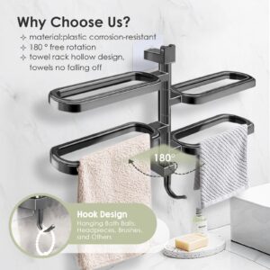 Pysrych No Drill Swivel Towel Rack Wall Mounted 4-Arm Towel Bar ABS Self-Adhesive Towel Holder with Hook for Bathroom Shower Kitchen Black