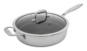 hell's kitchen hybrid 4 qt sauté pan and lid, tri-clad stainless steel and nonstick ceramic, pfas free, no pfoa, ptfe, or teflon, non toxic cookware, metal utensil safe, all cooktops and oven safe