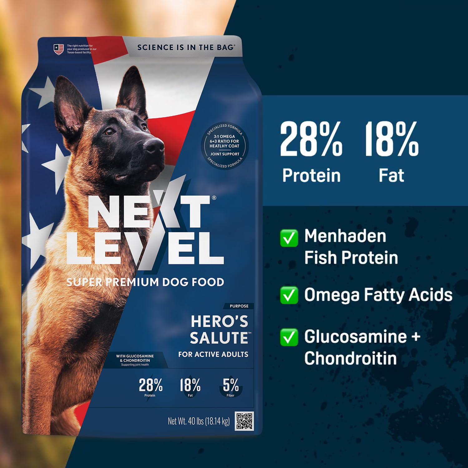 Next Level Super Premium Dog Food – Hero's Salute Adult Dry Dog Food Kibble All Breeds – 28% Protein, Fish, Chicken and Gluten Free Grains, Glucosamine & Chondroitin for Hip & Joint Health