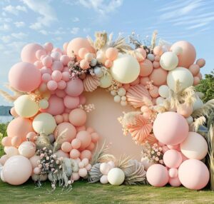 pink white balloon garland double stuffed baby pink blush balloons pastel pink cream beige balloons light pink ivory balloon arch kit for boho birthday baby shower wedding bridal party decor