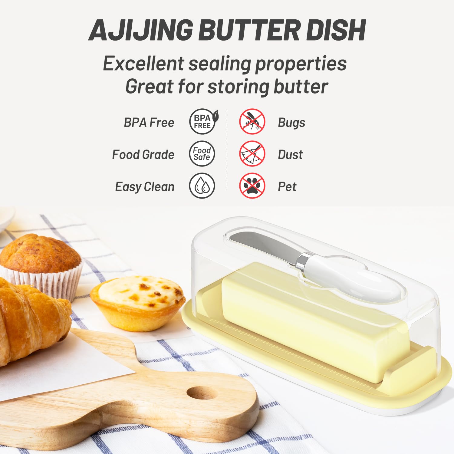 AJIJING Butter Dish, Butter Dish with Lid for Countertop, Easy Scoop, BPA Free, Butter Container with Knife Spreader, Butter Holder with TBSP Marks, Easy to Clean Butter Keeper for Refrigerator