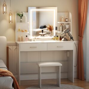 SMOOL Vanity with Lighted Mirror, Makeup Vanity Desk with Power Outlet, 3 Color Light Options Adjustable Brightness, Vanity Table with 6 Storage Shelves, 2 Large Drawers and Cushioned Stool, White