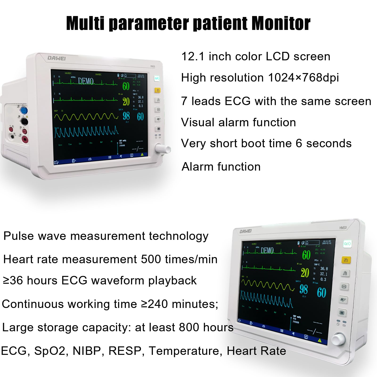 12.1-inch Display PET Vet Patient Monitor Multi 6 Parameter ICU Machine Veterinary ECG, SPO2, HR, NIBP, RESP, Temp for Cat, Dog, Mouse, Animals use