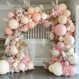 Pink White Balloon Garland Double Stuffed Baby Pink Blush Balloons Pastel Pink Cream Beige Balloons Light Pink Ivory Balloon Arch Kit for Boho Birthday Baby Shower Wedding Bridal Party Decor